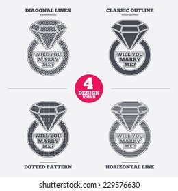 Will you marry me ring sign icon. Engagement symbol. Diagonal and horizontal lines, classic outline, dotted texture. Pattern design icons.  Vector