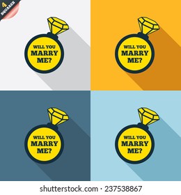 Will you marry me ring sign icon. Engagement symbol. Four squares. Colored Flat design buttons. Vector