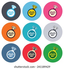 Will you marry me ring sign icon. Engagement symbol. Colored round buttons. Flat design circle icons set. Vector