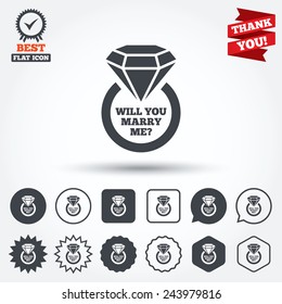 Will you marry me ring sign icon. Engagement symbol. Circle, star, speech bubble and square buttons. Award medal with check mark. Thank you. Vector