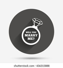 Will you marry me ring sign icon. Engagement symbol. Circle flat button with shadow. Vector