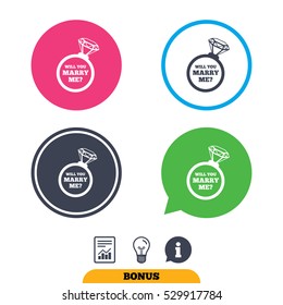Will you marry me ring sign icon. Engagement symbol. Report document, information sign and light bulb icons. Vector