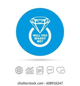Will you marry me ring sign icon. Engagement symbol. Copy files, chat speech bubble and chart web icons. Vector