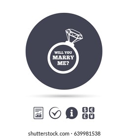 Will you marry me ring sign icon. Engagement symbol. Report document, information and check tick icons. Currency exchange. Vector