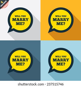 Will you marry me speech bubble sign icon. Engagement symbol. Four squares. Colored Flat design buttons. Vector