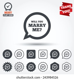 Will you marry me speech bubble sign icon. Engagement symbol. Circle, star, speech bubble and square buttons. Award medal with check mark. Thank you. Vector