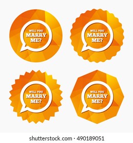 Will you marry me speech bubble sign icon. Engagement symbol. Triangular low poly buttons with flat icon. Vector