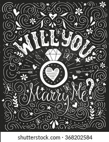Will You Marry Me - unique handdrawn lettering with marriage proposal. Engagement party invitation. Love lettering with engagement ring. Romantic handdrawn lettering. Vector art. Valentine card. 