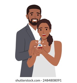 Will you marry me with a wedding ring in his hands. Flat vector illustration isolated on white background