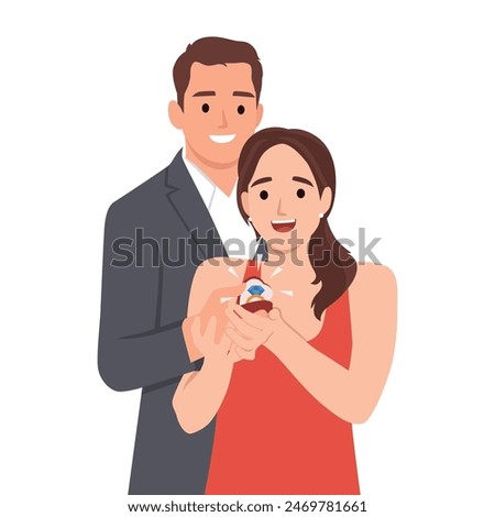Will you marry me with a wedding ring in his hands and offers her marriage. Flat vector illustration isolated on white background