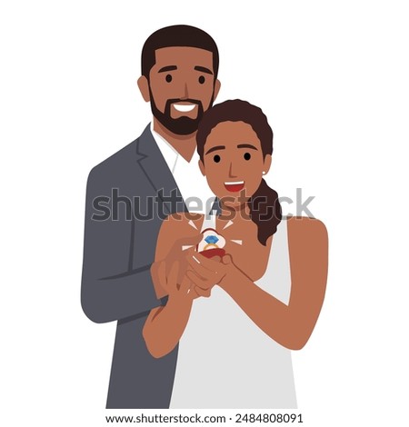 Will you marry me with a wedding ring in his hands. Flat vector illustration isolated on white background