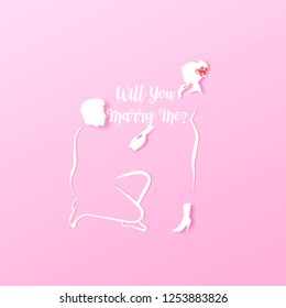 Will you marry me? Silhouette of young man staying on the knee and making proposal for his lovely girl . Graphic symbol vector illustration EPS10.