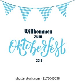 Willcommen zum Bierfest Welcome to beer festival Oktoberfest handwritten lettering on white background with Bavarian garland triangular tags and beer mug. banner typography for logo, poster, card