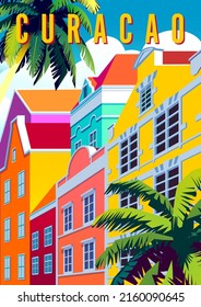 Willemstad cityscape with traditional houses and palm trees. Handmade drawing vector illustration. Curacao retro style poster