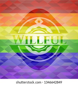 Willful emblem on mosaic background with the colors of the LGBT flag