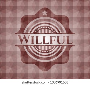 Willful red seamless emblem with geometric pattern background.