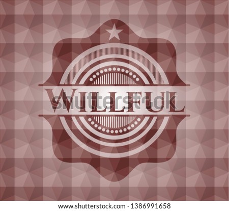 Willful red seamless emblem with geometric pattern background.