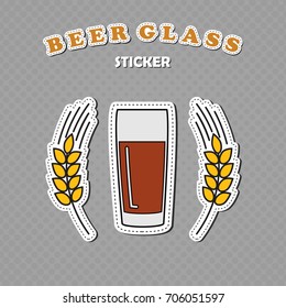 Willi Becher beer glass and two wheat spikes stickers, beer logo, vector illustration