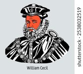 William Cecil, 1st Baron Burghley - Prime Minister of Queen Elizabeth of England, Secretary of State from 1550 to 1572, Lord High Treasurer of England. Hand drawn vector illustration