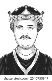 William the Conqueror 1028-1087 face drawing. Hand-drawn engraving of Norman king known for conquering England. Vector black and white historical illustration.