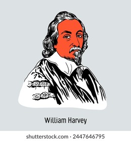 William Harvey was an English physician, anatomist, physiologist and embryologist. Hand drawn vector illustration