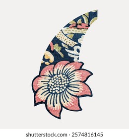 William Morris patterned font. Colorful floral embroidery with a pink flower on a dark background. The embroidery features intricate floral patterns. Vintage illustration vector. William Morris font.
