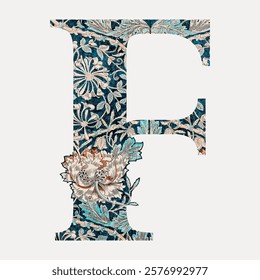 William Morris patterned font. Decorative letter 'F' with floral pattern. Intricate floral design, letter 'F' in blue and white. Vintage illustration vector. William Morris font.