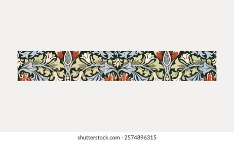 William Morris patterned font. Ornate floral border with intricate floral patterns. The floral design features leaves and flowers. Vintage illustration vector. William Morris font.