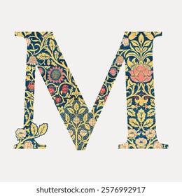 William Morris patterned font. Ornate letter M with floral patterns. Floral motifs cover the M, creating a decorative letter M with flowers. Vintage illustration vector. William Morris font.