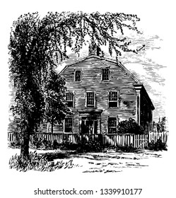 The William Pepperrell House is a historic house at 94 Pepperrell Road Maine State Route 103 in Kittery Point Maine vintage line drawing or engraving illustration.