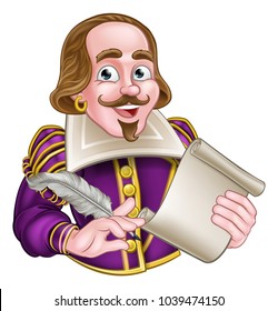 William Shakespeare Cartoon Character Holding A Feather Quill And Scroll