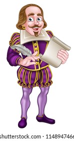 William Shakespeare Cartoon Character Holding A Feather Quill Pen And Scroll