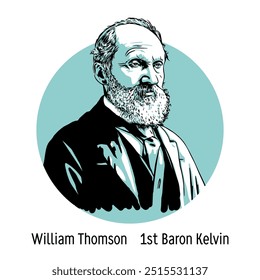 William Thomson, Lord Kelvin, foi um físico, mecânico e engenheiro britânico. Ele é conhecido por seu trabalho nos campos da termodinâmica, mecânica e eletrodinâmica. Ilustração de vetor desenhada à mão