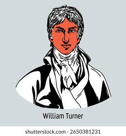 William Turner was an English painter, master of romantic landscape, watercolourist and printmaker. Hand drawn vector illustration