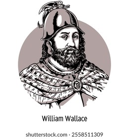 William Wallace was a Scottish knight and one of the military leaders in the War of Independence from England. He is revered in Scotland as a patriot and a folk hero. Hand-drawn vector illustration