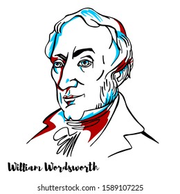 William Wordsworth engraved vector portrait with ink contours.English Romantic poet who helped to launch the Romantic Age in English literature.