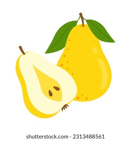 Williams pera fruta entera y la mitad aislada en fondo blanco. Pyrus communis, icono de pera europea amarilla. Alimentos orgánicos, nutrición saludable, productos vegetarianos. Ilustración plana vectorial.