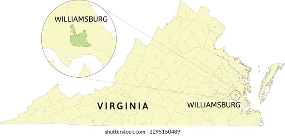 Ubicación de la ciudad independiente de Williamsburg en el mapa del estado de Virginia