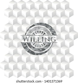 Willing grey badge with geometric cube white background