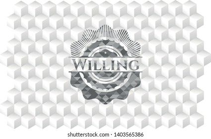 Willing realistic grey emblem with geometric cube white background
