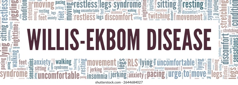 Doença de Willis-Ekbom - Síndrome das Pernas Inquietas RLS palavra nuvem design conceitual isolado no fundo branco.