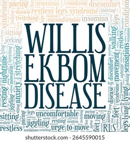 Doença de Willis-Ekbom - Síndrome das Pernas Inquietas RLS palavra nuvem design conceitual isolado no fundo branco.