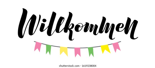 Willkommen (eng: welcome), hand sketched vector text with decorative colorful flag