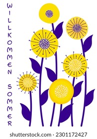 Willkommen Sommer - Lettering in German language - Welcome Summer. Greeting card with abstract flowers in complementary colors yellow and purple.