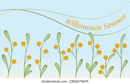 Willkommen Sommer - Text in German language - Welcome Summer. Greeting card with floral design.