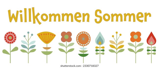 Willkommen Sommer - Text in deutscher Sprache - Willkommen Sommer. Grußbanner mit abstrakten Sommerblumen im Retro-Stil.