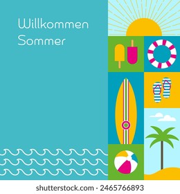 Willkommen Sommer - Text in deutscher Sprache - Willkommen Sommer. Sommerkarte mit Sonne, Meer, Palme, Surfbrett, Strand und Flip-Flops.