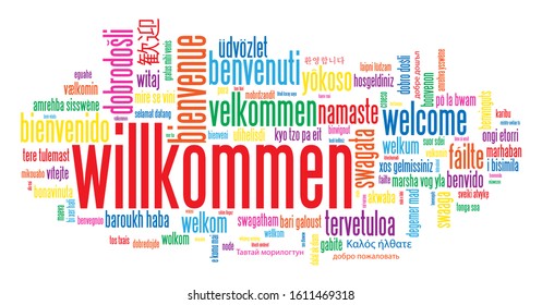 WILLKOMMEN (WELCOME in German) colorful vector word cloud with translations in many languages