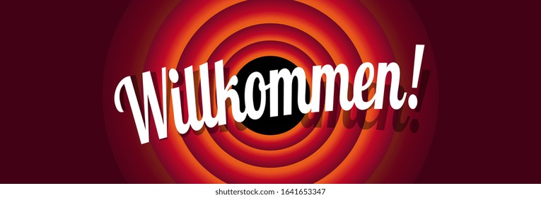 Willkommen, Welcome in german language on red cartoon background