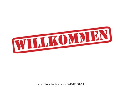 WILLKOMMEN ('Welcome' in the German language)  Red Rubber Stamp vector over a white background.